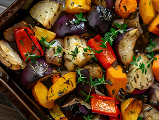 Roasted Vegetables Photo - Carrots, Onions, Peppers, and Thyme in a Baking Sheet