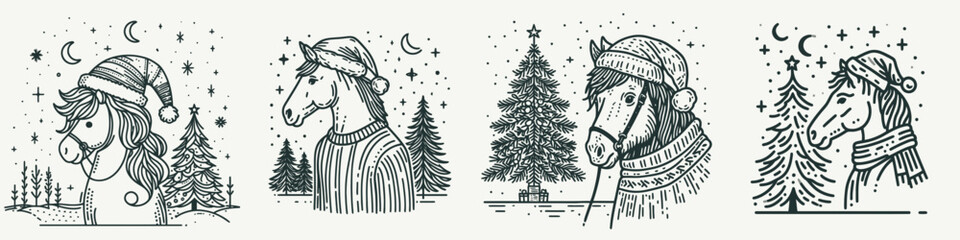 A charming collection of festive horse illustrations adorned with winter hats and surrounded by seasonal elements.