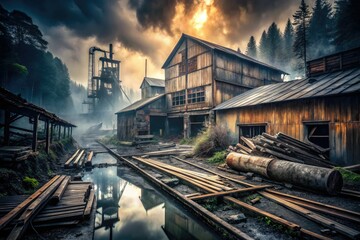 Abandoned Factory Sawmill decayed industry surrealism dark moody atmospheric misty fog cinematic black and white tones mysterious abandoned rusty textures