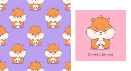 Cute hamster postcard and background. Seamless pattern with funny sitting cartoon rodent kawaii character on purple. Vector illustration. Kids collection