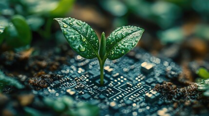 A small green plant sprout growing from soil on a circuit board, representing growth, technology and nature.