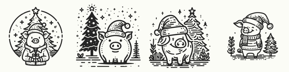 A charming collection of festive pig illustrations wearing holiday hats, surrounded by Christmas trees and winter scenery.