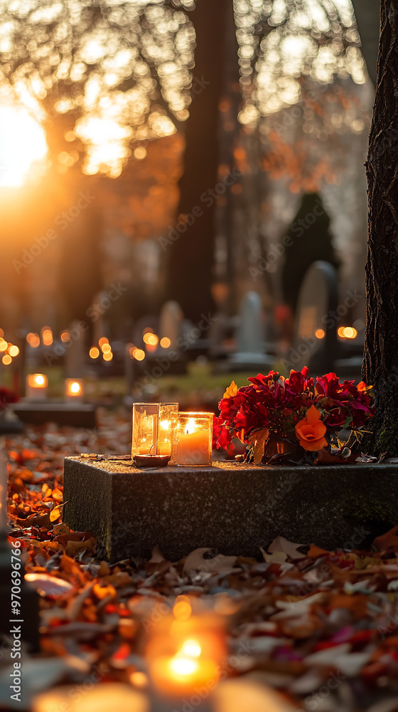 Wall mural Serene All Saints' Day Cemetery with Autumn Leaves and Candles  