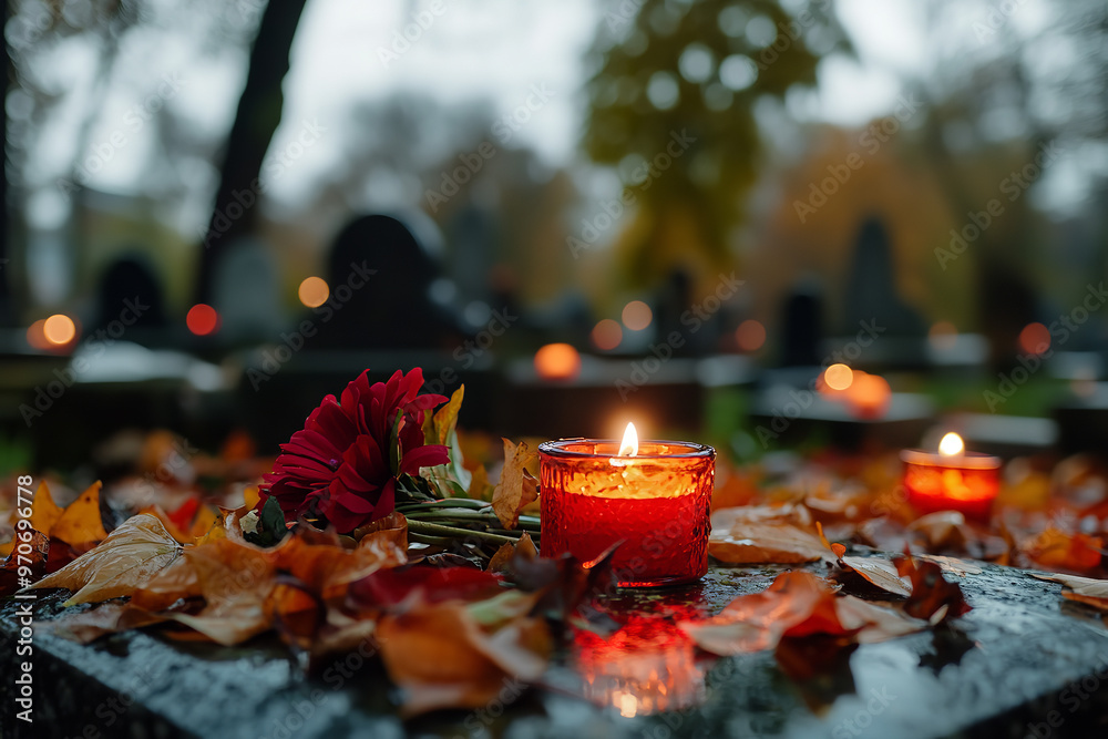 Wall mural serene all saints' day cemetery with autumn leaves and candles