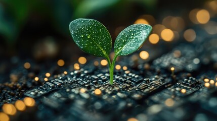 A small green plant sprouts from a circuit board, symbolizing growth and technology.