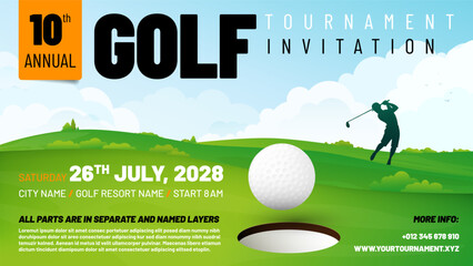Golf tournament invitation template with golfer silhouette batting ball