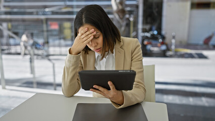 Stressed latina businesswoman with headache using tablet in modern office.