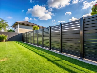 Obraz premium modern minimalist horizontal slat fence in sleek black metal contrasting with soft green grass and blue sky in a clean and simple urban backyard