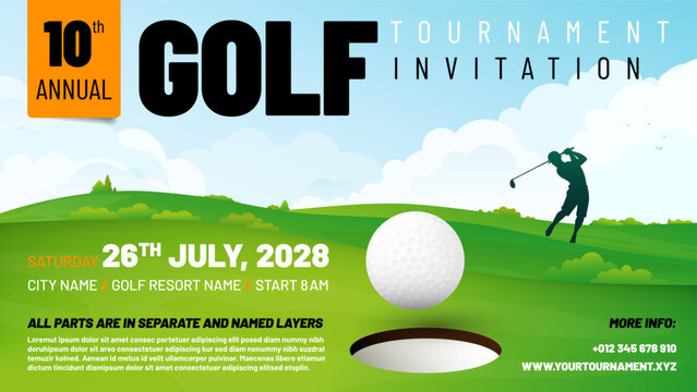 Golf tournament invitation template with golfer silhouette batting ball