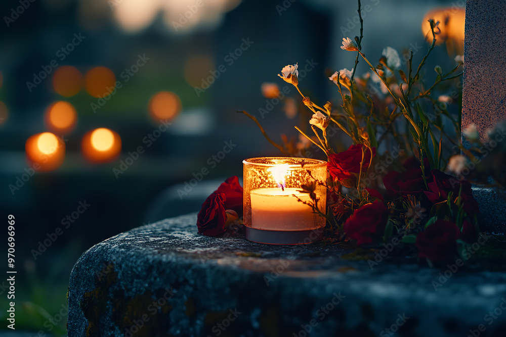 Sticker Poignant Close-Up of Candles and Flowers on Grave for All Saints' Day