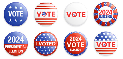 Obraz premium Election campaign USA 2024 badge, pin set isolated on white. Voting concept cartoon elements collection