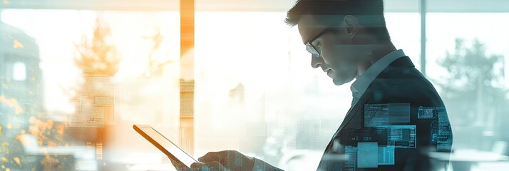 Businessman using tablet in modern office while standing in a bright, modern office setting with natural sunlight