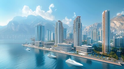 Fototapeta premium Luxury modern clean look hotel buildings from high angle and symmetrical front view. the 5 skyscraper have big harbor for big cruise ships and small piers for yachts. Generative AI.