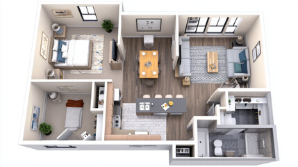 A 3D drawing showing the layout of an apartment with one bedroom, a kitchen, a living room, and a bathroom.