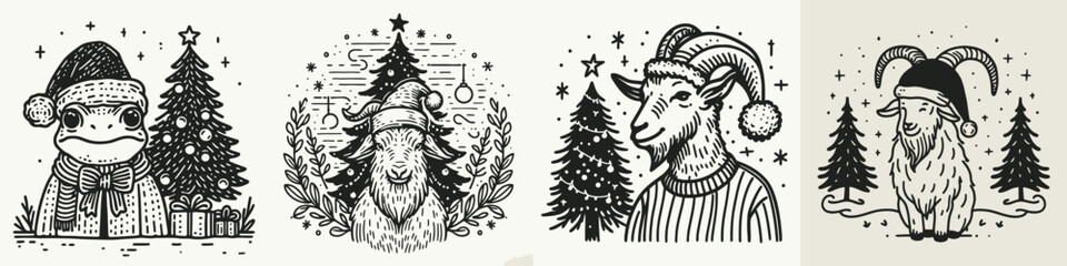 Fototapeta premium A whimsical collection of animal illustrations celebrating the holiday spirit with festive attire and Christmas trees.