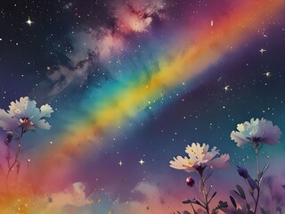 Landscape with fields of flowers, mountains and colorful sky