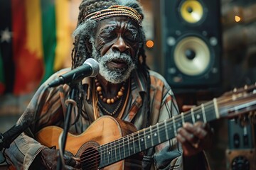 Fototapeta premium Rastafarian Jamaican man singing and playing the guitar and recording a song in a music studio. Ai generative