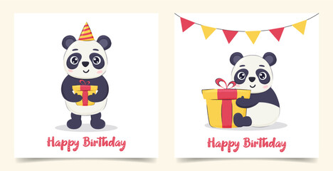 Children's cute greeting card set with funny panda and gift box. Kids birthday invitation collection.