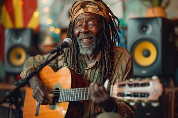 Rastafarian Jamaican man singing and playing the guitar and recording a song in a music studio. Ai generative