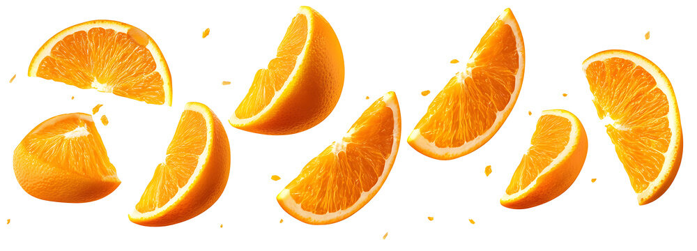 Floated slices of orange falling isolate on transparency background