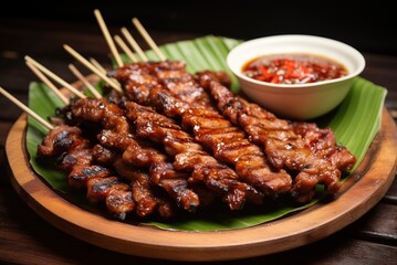 Filipino barbecue, chicken, pork, beef or seafood meat grilled on skewers and served with a dipping sauce. 