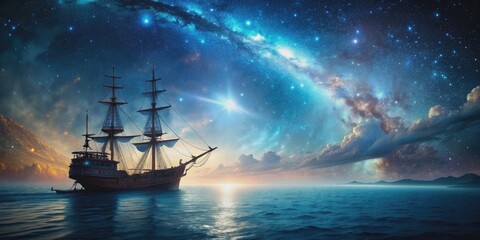 Fototapeta premium Pirate ship sailing in bioluminescent sea with galaxy in sky, pirate ship, bioluminescence, sea, galaxy, stars