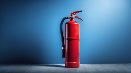 Obraz premium Red fire extinguisher on blue background with soft highlights