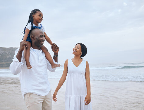 Parents, happiness and bonding as child on shoulders for travel, holiday or fun in playing together. Beach, black family and vacation on weekend for adventure, freedom and nature in summer or outdoor