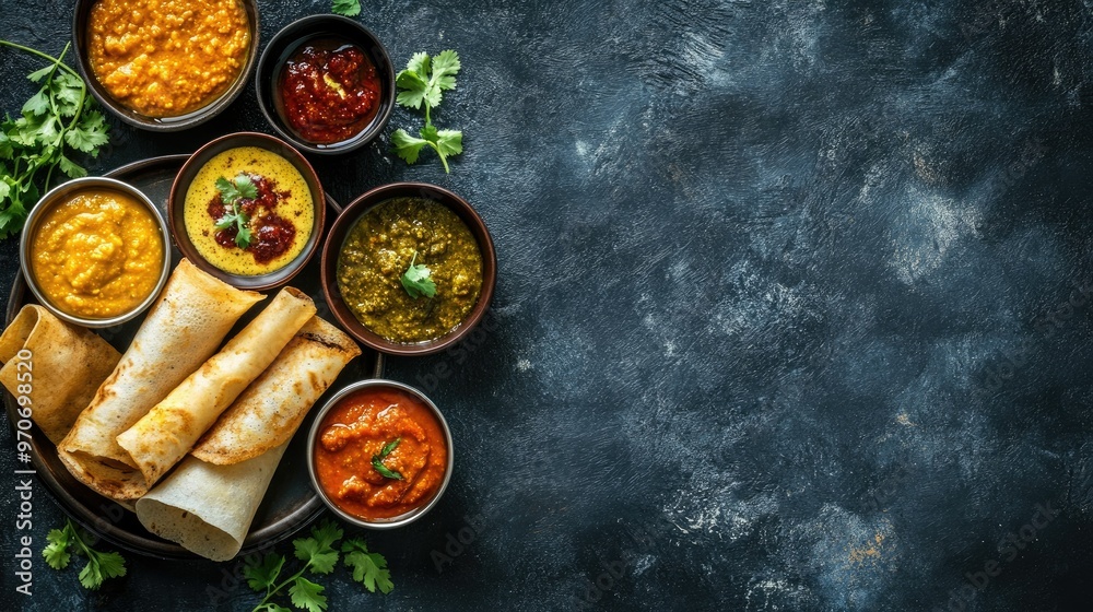 Wall mural Top view of South Indian breakfast with dosas, sambar, and a selection of chutneys. Copy space included.