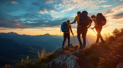 Fototapeta premium Group of young hikers with backpacks walks with backpacks and helps each other in climbing in sunset mountains