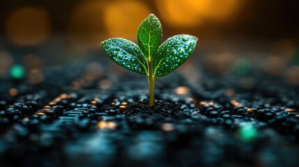 A small green plant seedling growing from a bed of black soil, symbolizing new growth and innovation.