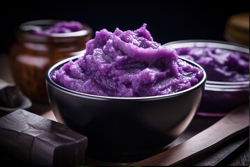 A bowl of ube halaya, a Filipino favorite dessert of mashed purple yam, sweetened and cooked into a pudding-like treat.