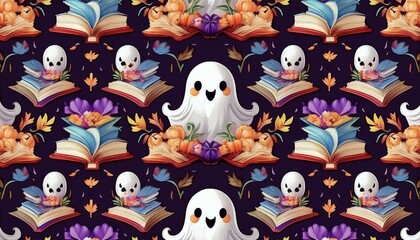 A whimsical pattern featuring cute ghosts, colorful books, and autumn elements, perfect for seasonal decor or crafting projects.