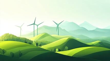 Fototapeta premium Wind turbines across a green hillside, promoting eco-friendly renewable energy practices. Copy space for text.