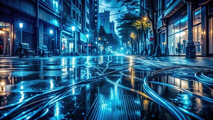 Fototapeta premium rain-soaked city street at night with 3d cables forming abstract patterns on wet pavement in a moody monochromatic blue tone