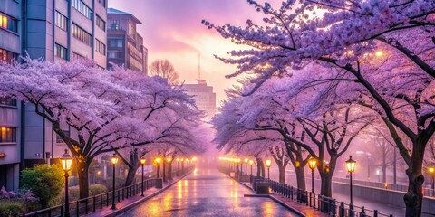 Fototapeta premium Whispery soft pink to lavender gradients in romantic cityscapes with delicate cherry blossoms and misty streets