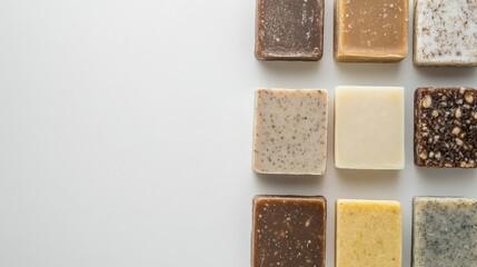 Fototapeta premium Biodegradable soap bars in eco-friendly packaging, laid out on a clean white background. Copy space available.