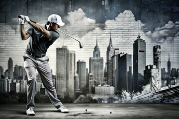 Obraz premium Urban graffiti golfer cityscape streetart rebellious edgy cool bold blackandwhite