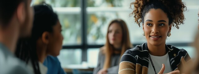 Woman talking and engaging in a debate with peers during a group meeting