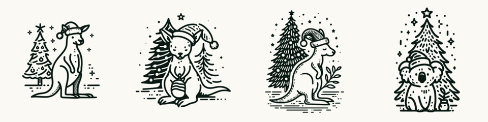 Naklejka premium Charming holiday illustrations featuring kangaroos in festive attire with Christmas trees and cheerful decorations.