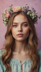 Fototapeta premium A woman with a flower crown on her head and a blue dress on a pink background.