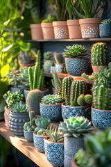 Stylish room's garden design with beautiful plants in cute little pots. Forest in the bedroom. Free space on the wall above the potted plants for writing a message suitable for use as a background.