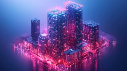 Fototapeta premium Futuristic cityscape with glowing skyscrapers and digital effects.