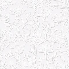 Intricate white embossed floral pattern with delicate flowers and flowing branches