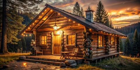 Fototapeta premium RusticWoodenHope Cozy wooden cabin, warm lighting, earthy tones, soft focus, comforting atmosphere, symbolizing safety and support, natural textures, inviting helpline setting.