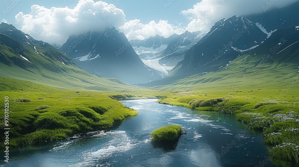 Poster a serene mountain landscape with a river flowing through a green valley. generative ai.