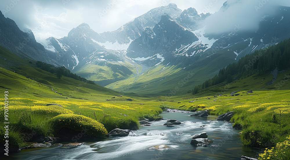 Poster a serene mountain landscape with a river flowing through a green valley. generative ai.