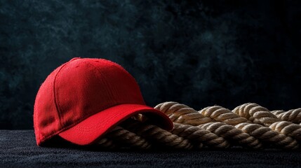 Describe how the combination of weights, ropes, and the red cap could inspire a fitness-themed event or competition focused on strength and endurance