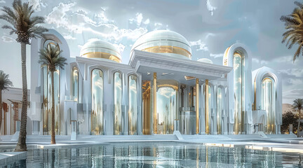 Majestic modern Arabic palace, seamless blend of traditional Islamic architecture and futuristic design, gleaming gold and white facade, enormous crystal dome. Generative AI.