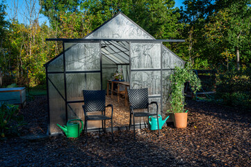 Morning sunshine on greenhouse in vegetable garden